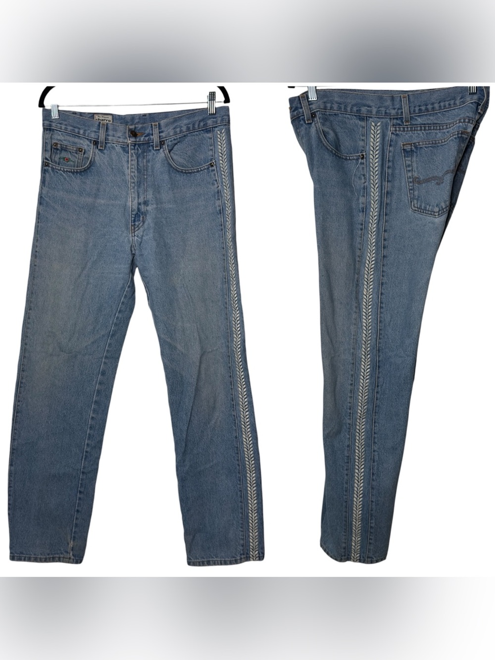 Charro Italy VTG 90 Y2K Straight Jeans in Blue 
with Side Embroidered Leaf Trim